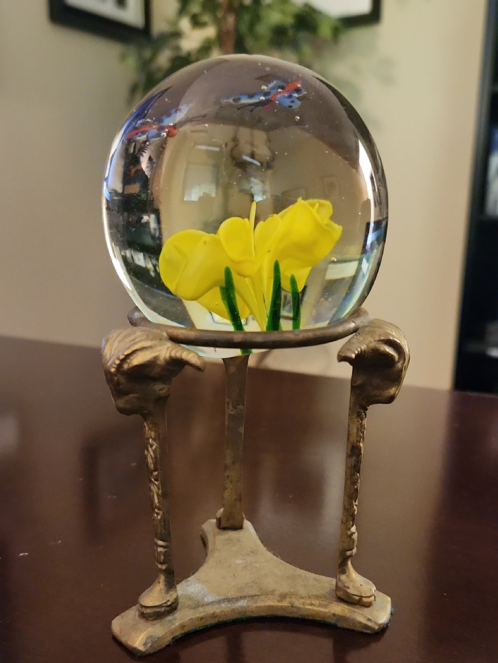 Glass Paperweight with Yellow Flower Blue Butterflies With Vintage Brass Stand
